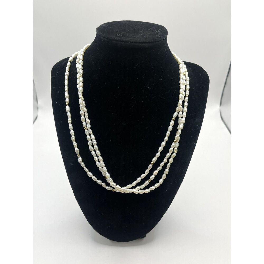 Vintage Freshwater Rice‎ Pearl Marked "14K IWI" Gold Spacers 3-Strand Necklace